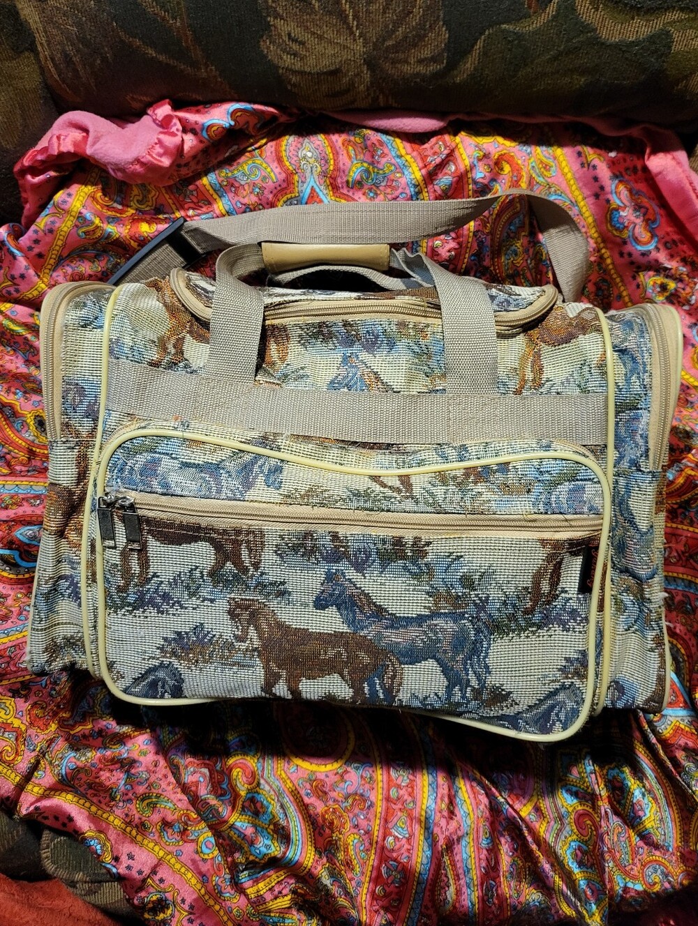 Equestrian Tapestry Luggage Vintage LargeDuffel Bag Horse Girl Gear Travel Bag